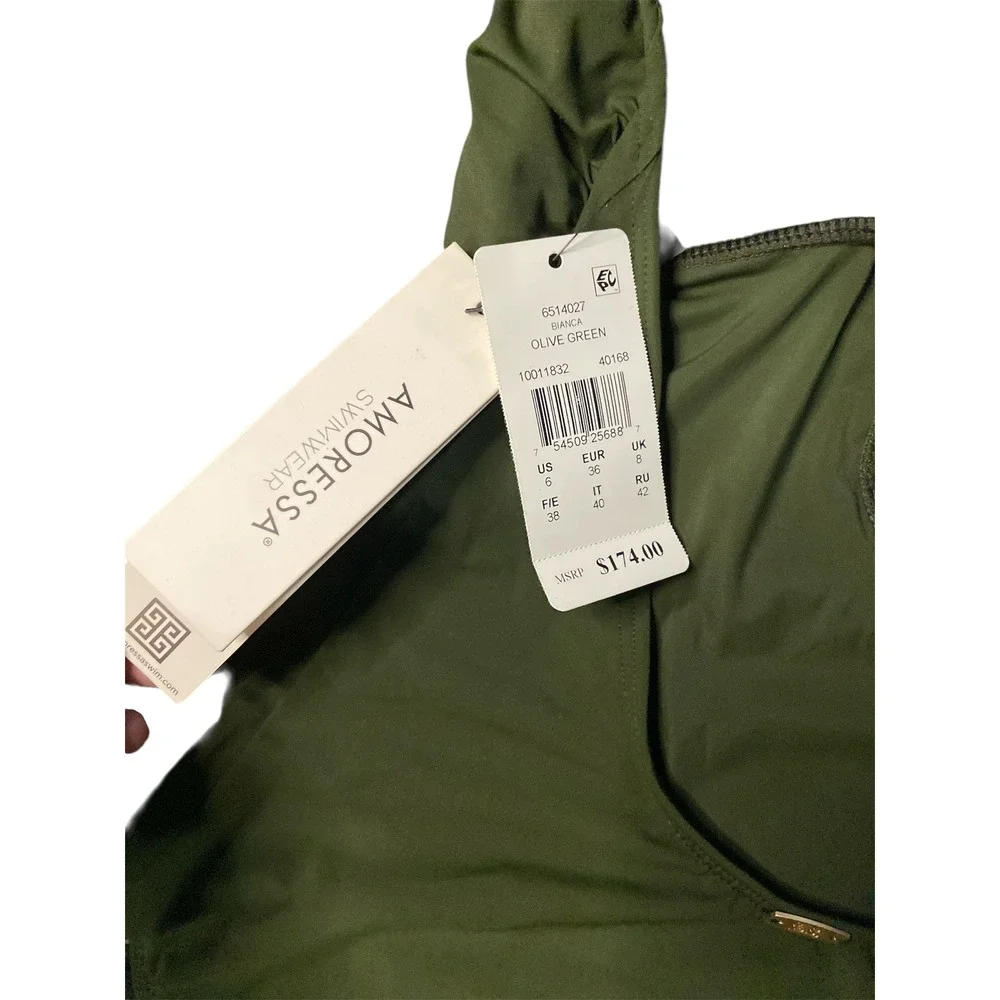 Amoressa Bianca One Piece Swimsuit Olive Green Halter Gold Ring 6514027 New 6